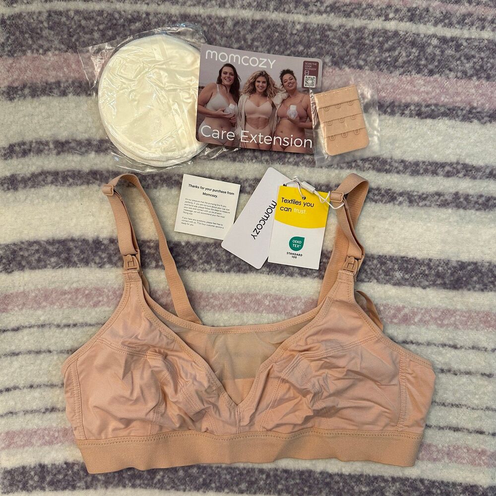 Momcozy Hands Free Pumping Bra Nursing Bra Women Size L Nude Beige Pads Extender